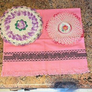 Pink Crochet Doilies w Tea Towel
